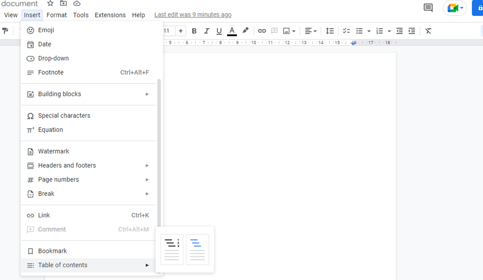 Table of contents feature in Google Docs