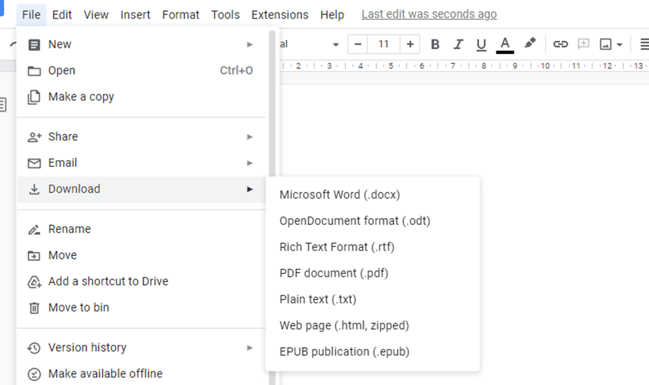 Saving in different formats in Google Docs